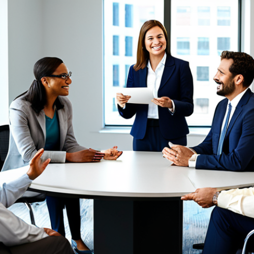 Home 6 A diverse group of professional public servants in modest business attire, fully clothed, engaging in a collaborative discussion in a bright, modern government office. Subtle elements of well-being initiatives are visible in the background, such as a poster promoting a wellness program or a small, discreet group participating in light office stretches. One public servant is receiving positive professional acknowledgment from a colleague, symbolizing recognition. Professional photography, high quality, perfect anatomy, correct proportions, natural pose, well-formed hands, proper finger count, safe for work, appropriate content, family-friendly.
