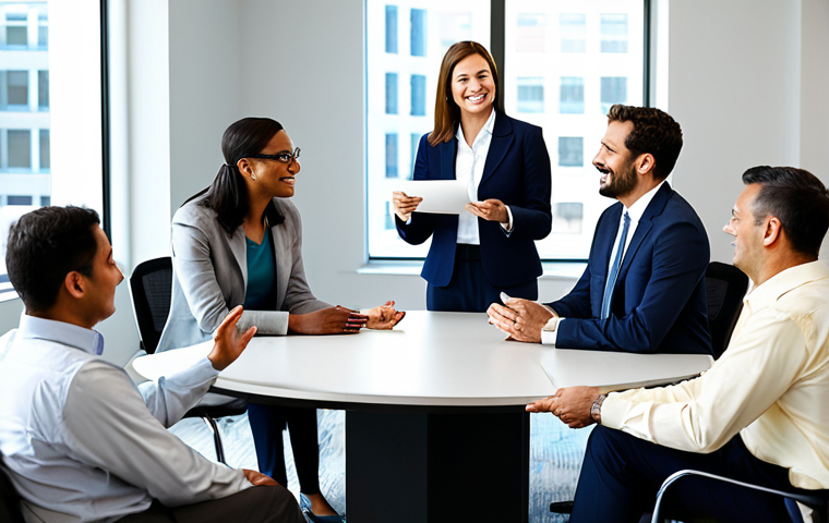 A diverse group of professional public servants in modest business attire, fully clothed, engaging in a collaborative discussion in a bright, modern government office. Subtle elements of well-being initiatives are visible in the background, such as a poster promoting a wellness program or a small, discreet group participating in light office stretches. One public servant is receiving positive professional acknowledgment from a colleague, symbolizing recognition. Professional photography, high quality, perfect anatomy, correct proportions, natural pose, well-formed hands, proper finger count, safe for work, appropriate content, family-friendly.