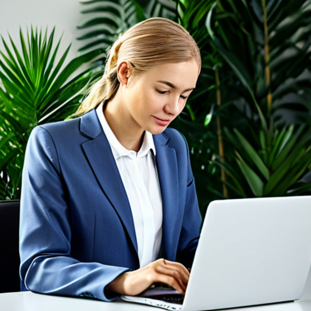 **

A woman in a professional setting, fully clothed in modest business attire, working at a laptop in a bright, modern co-working space filled with plants. The scene should convey a sense of purpose and career ambition. Safe for work, appropriate content, perfect anatomy, natural proportions, professional.

**