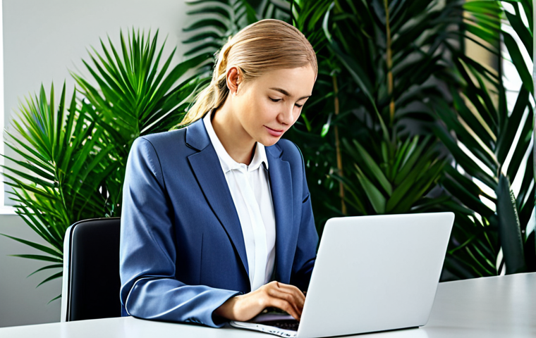 **

A woman in a professional setting, fully clothed in modest business attire, working at a laptop in a bright, modern co-working space filled with plants. The scene should convey a sense of purpose and career ambition. Safe for work, appropriate content, perfect anatomy, natural proportions, professional.

**