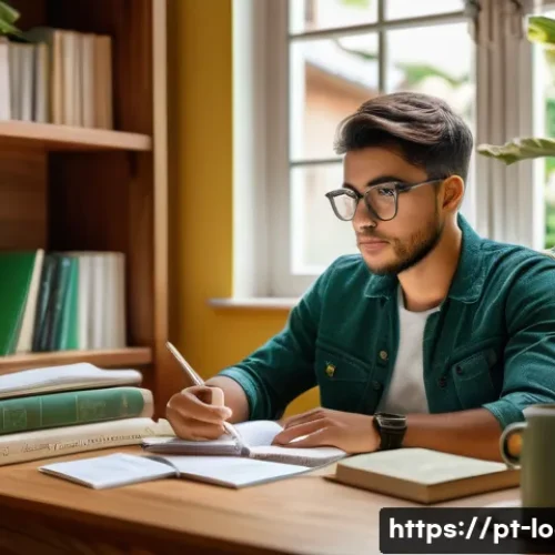 Home 15 지방공무원 필기시험 실전 전략 - A focused Brazilian student sitting at a wooden desk in a cozy, well-lit home study room, surrounded...