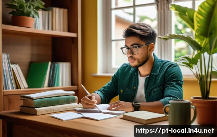 지방공무원 필기시험 실전 전략 - A focused Brazilian student sitting at a wooden desk in a cozy, well-lit home study room, surrounded...