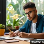 지방공무원 주요 시험 과목별 난이도 - A focused Brazilian student sitting at a modern wooden desk, surrounded by colorful textbooks and no...