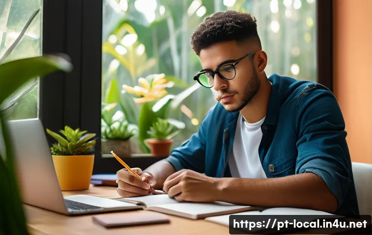 지방공무원 주요 시험 과목별 난이도 - A focused Brazilian student sitting at a modern wooden desk, surrounded by colorful textbooks and no...