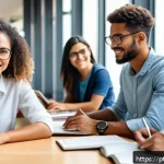 지방공무원 신규 채용 경쟁률 변화 - A diverse group of Brazilian public service candidates studying together in a modern urban library, ...
