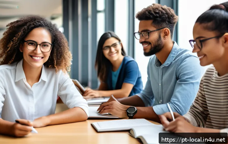 지방공무원 신규 채용 경쟁률 변화 - A diverse group of Brazilian public service candidates studying together in a modern urban library, ...