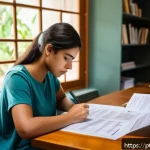 지방공무원 채용 지원서 작성 요령 - A focused young adult Brazilian woman sitting at a wooden desk in a cozy home office, attentively re...