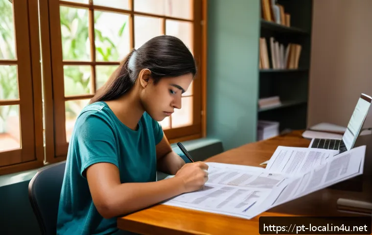 지방공무원 채용 지원서 작성 요령 - A focused young adult Brazilian woman sitting at a wooden desk in a cozy home office, attentively re...