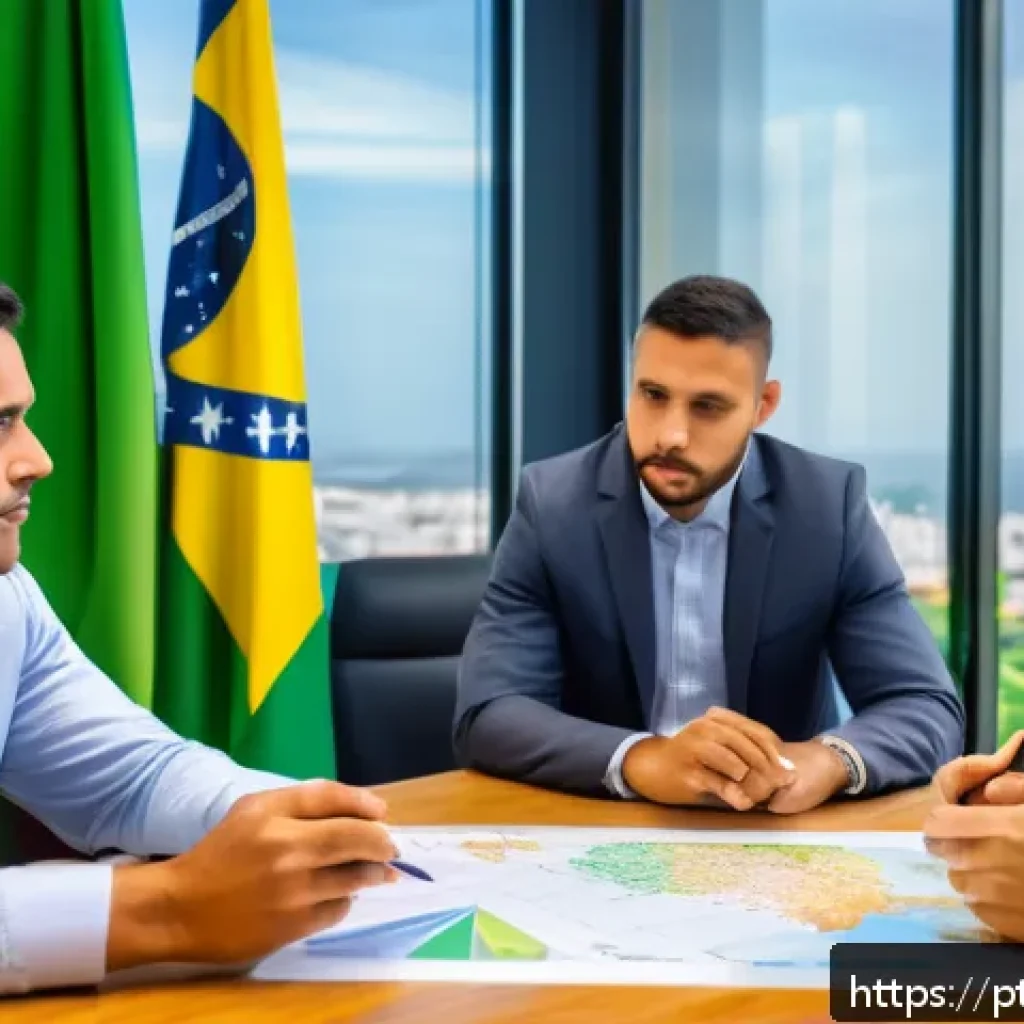 지방공무원 자격증 취득 과정 - A modern Brazilian municipal government office interior, showing diverse public administrators colla...